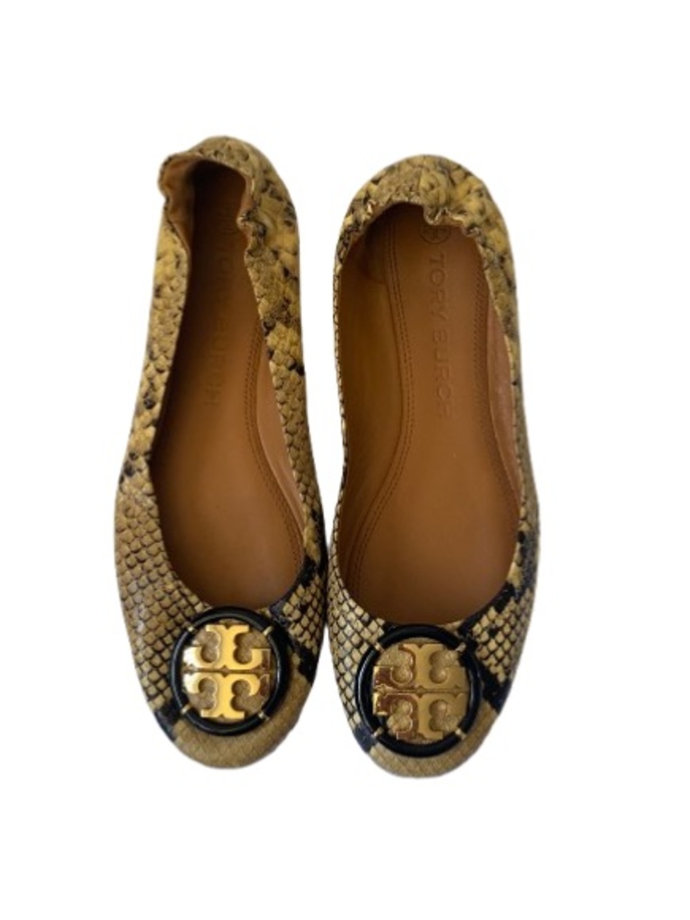 Tory Burch Reva Python Snake Print Leather Ballet Flats Gold Logo 9.5